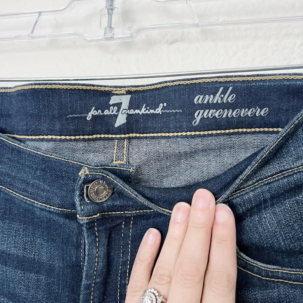 [7 For All Mankind] Gwenevere Dark Wash Mid Rise Ripped Knee Skinny Jeans Sz 29
